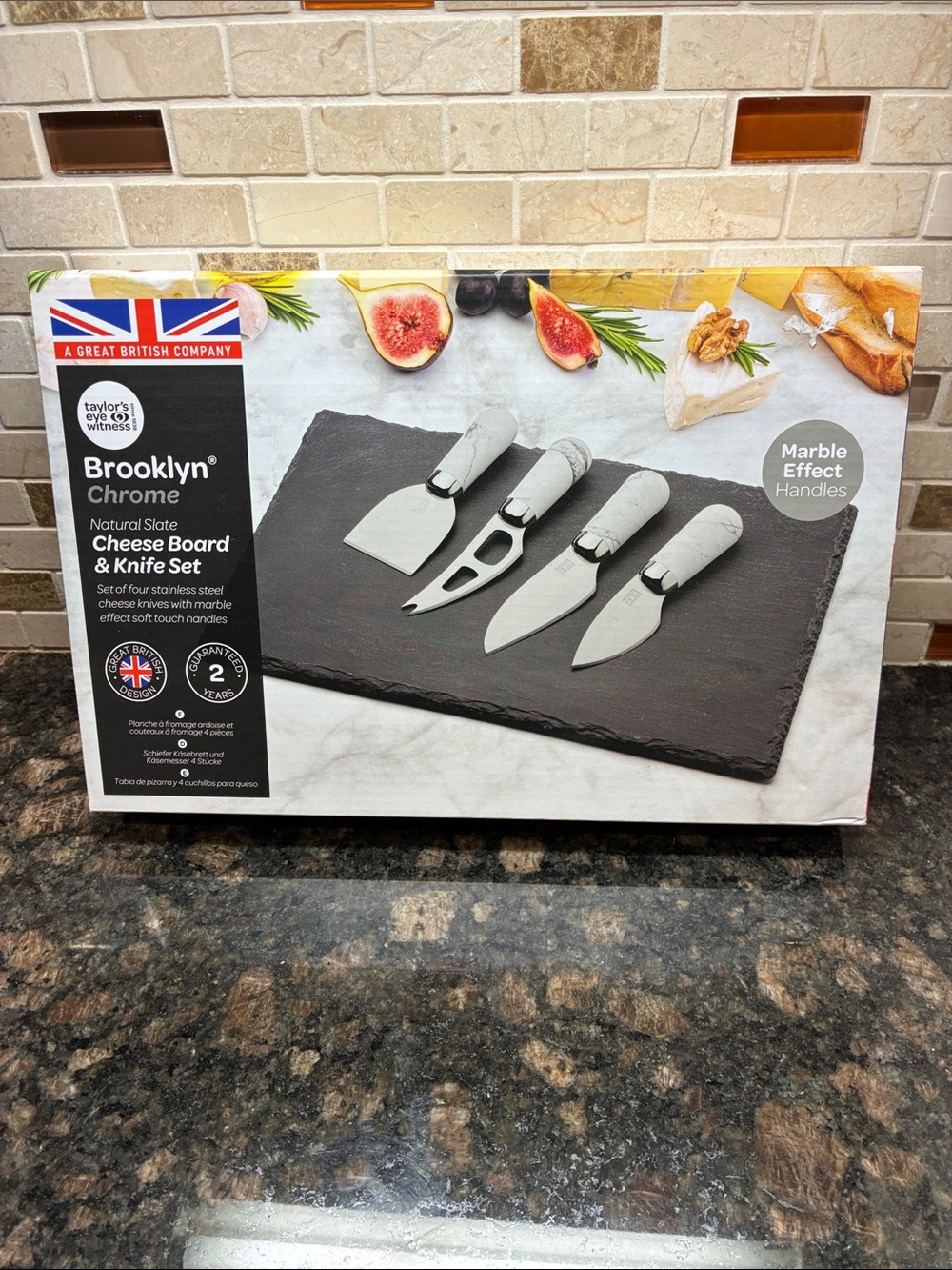 Marble Effect Cheese Board & Knife Set - White Slate